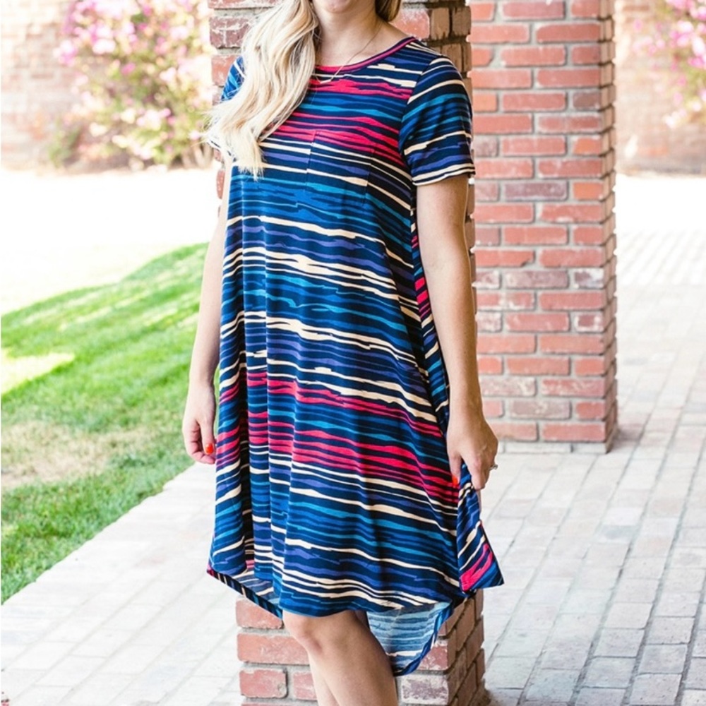 Brand New LuLaRoe XS Grey-Blue with Orange, Black & Goldenrod Floral Carly Dress - Picture 7 of 8